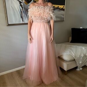 Elegant French Pink Feathered Gown beaded bodice & layers of tulle over satin